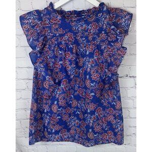 LOFT Women's Size Medium Blue Asian Red Floral Flutter Sleeve Tee Blouse